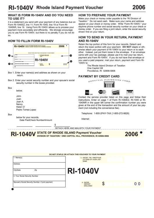 Form Ri-1040v - Rhode Island Payment Voucher - 2006 Printable pdf