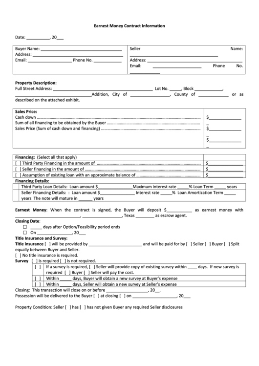 Earnest Money Contract Information Form Printable pdf