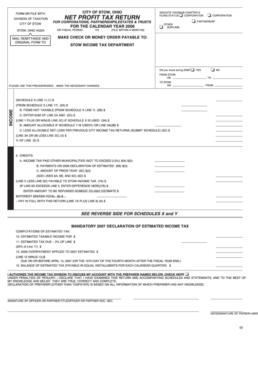 Net Profit Tax Return Form - City Of Stow, Ohio - 2006 Printable pdf
