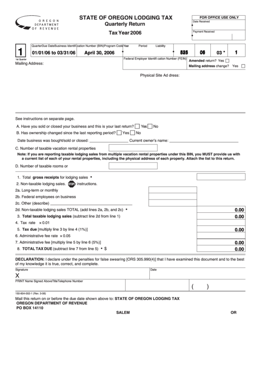 Fillable Lodging Tax Quarterly Return Form - State Of Oregon - 2006 Printable pdf
