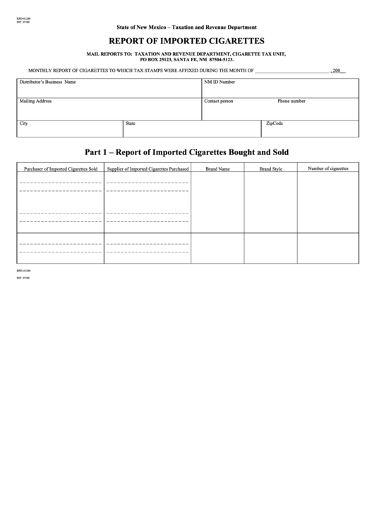 Form Rpd-41240 - Report Of Imported Cigarettes Printable pdf
