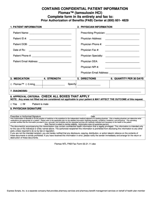 Flomax (Tamsulosin Hcl) Form Printable pdf