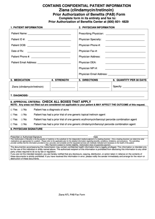 Ziana (Clindamycin/tretinoin) Prior Authorization Of Benefits (Pab) Form Printable pdf