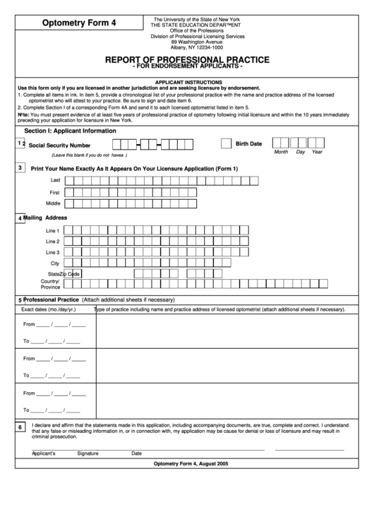 Optometry Form 4 - Report Of Professional Practice - New York The State Education Department Printable pdf