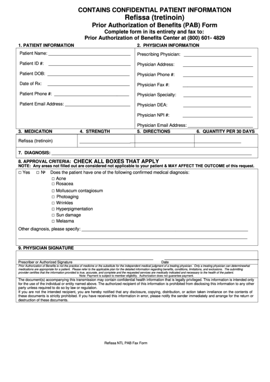 Refissa (Tretinoin) Prior Authorization Of Benefits (Pab) Form Printable pdf