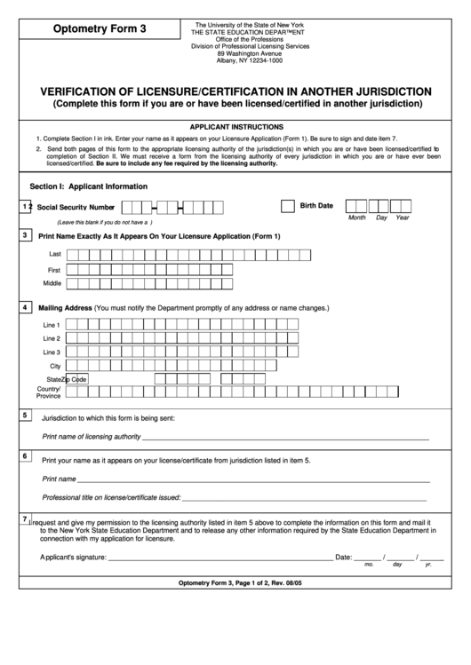 Optometry Form 3 - Verification Of Licensure/certification In Another Jurisdiction - New York The State Education Department Printable pdf
