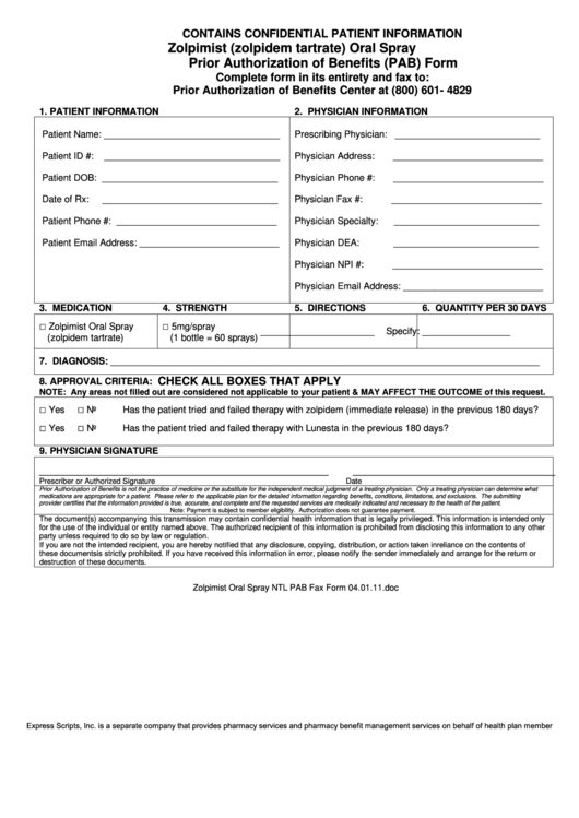 Zolpimist (Zolpidem Tartrate) Oral Spray Prior Authorization Of Benefits (Pab) Form printable