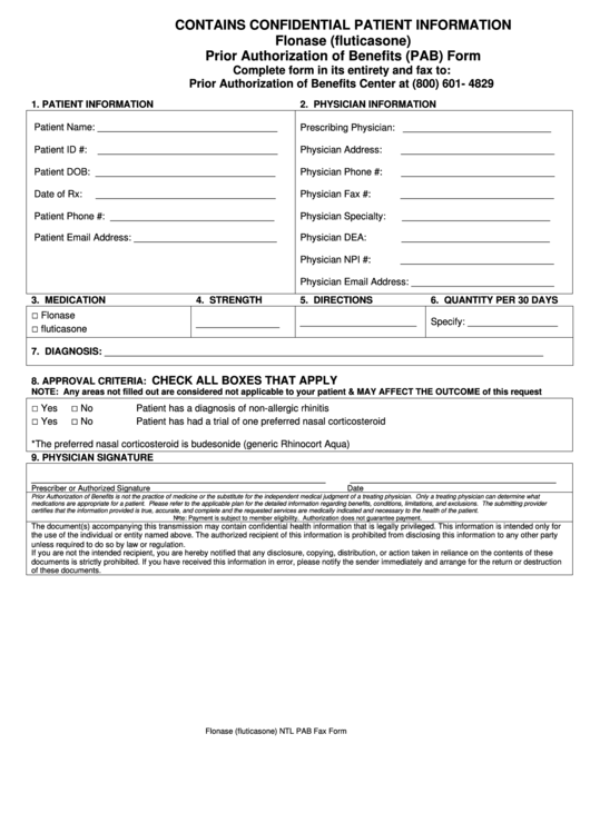 Flonase (Fluticasone) Prior Authorization Of Benefits (Pab) Form Printable pdf