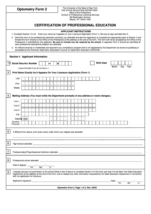 Optometry Form 2 - Certification Of Professional Education - New York The State Education Department Printable pdf