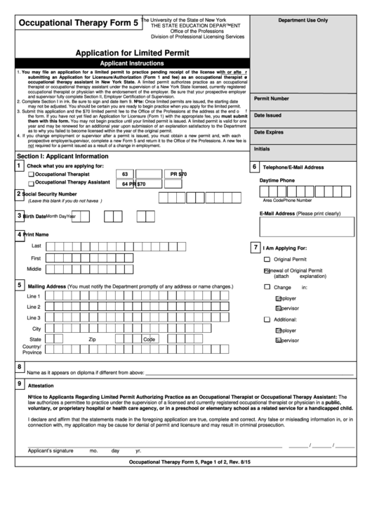 Occupational Therapy Form 5 - Application For A Limited Permit - New York The State Education Department Printable pdf