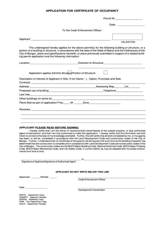 Application For Certificate Of Occupancy Template Printable pdf