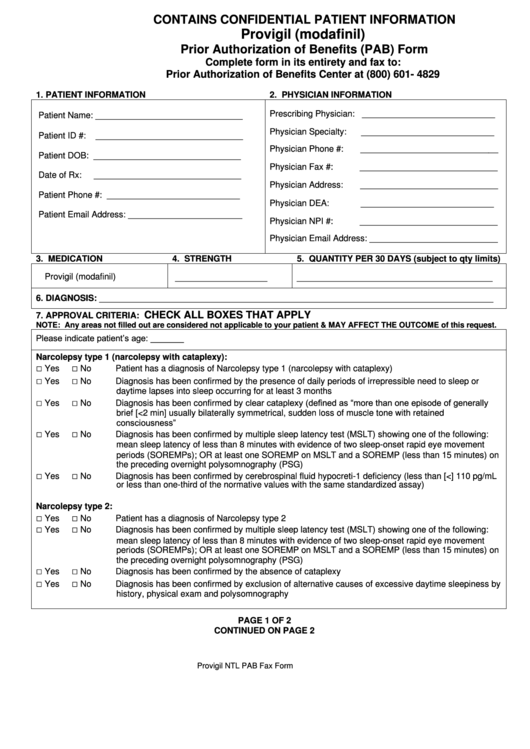 Provigil (Modafinil) Prior Authorization Of Benefits (Pab) Form Printable pdf