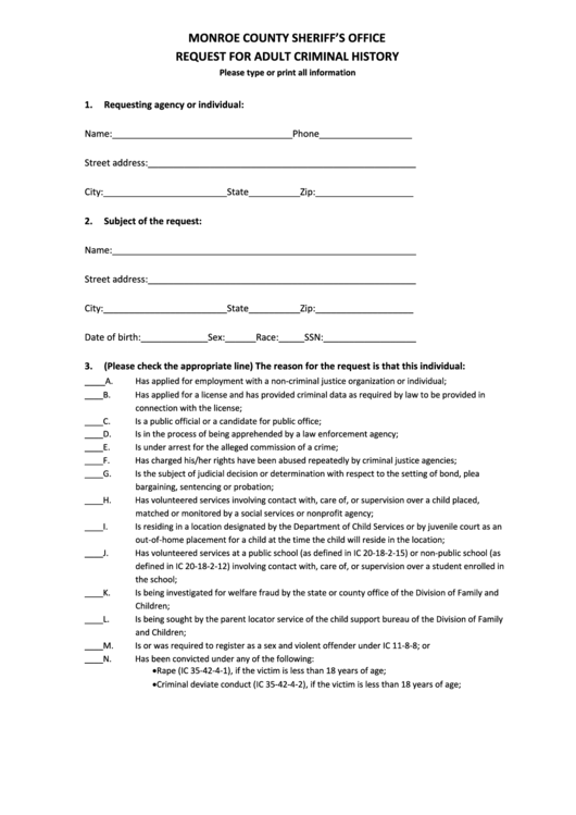 Fillable Request For Adult Criminal History Form Printable pdf