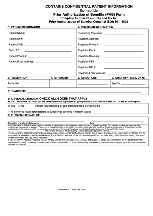 Flunisolide Prior Authorization Of Benefits (Pab) Form Printable pdf