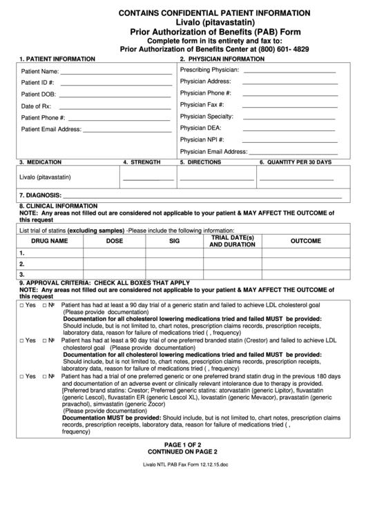 Livalo (Pitavastatin) Prior Authorization Of Benefits (Pab) Form Printable pdf