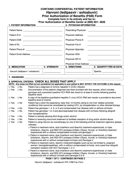 Harvoni (Ledipasvir / Sofosbuvir) Prior Authorization Of Benefits (Pab) Form Printable pdf