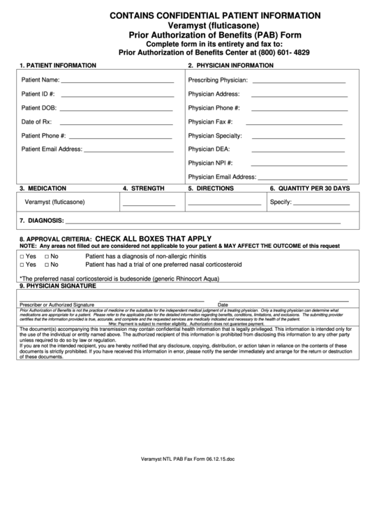 Veramyst (Fluticasone) Prior Authorization Of Benefits (Pab) Form Printable pdf