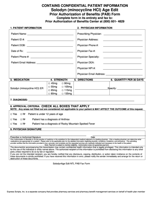 Solodyn (Minocycline Hcl) Age Edit Prior Authorization Of Benefits (Pab) Form Printable pdf