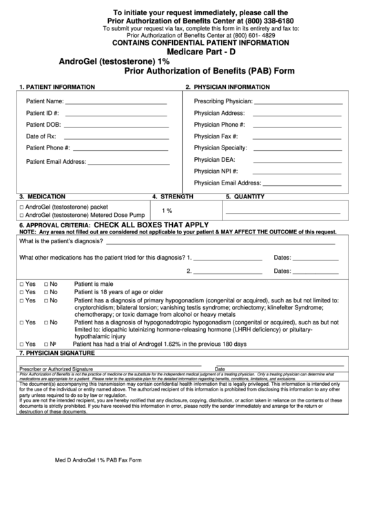 Medicare Part - D Androgel (Testosterone) 1% Prior Authorization Of Benefits (Pab) Form Printable pdf