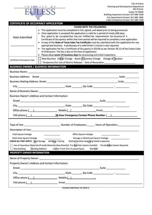 Certificate Of Occupancy Application - City Of Euless Planning And Development Department Printable pdf