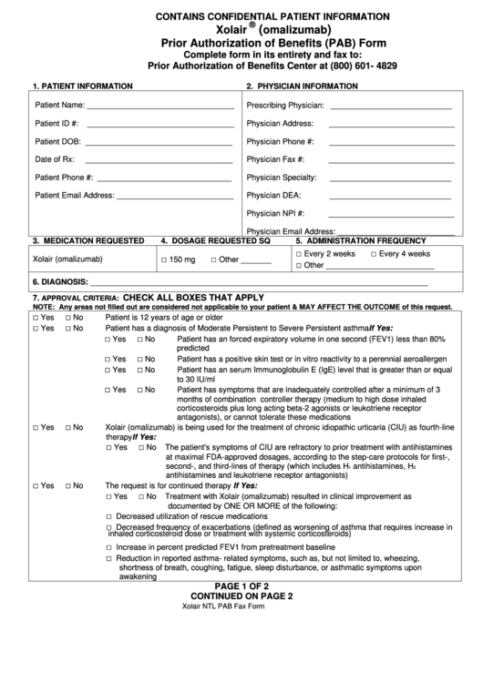 Xolair (Omalizumab) Prior Authorization Of Benefits (Pab) Form Printable pdf