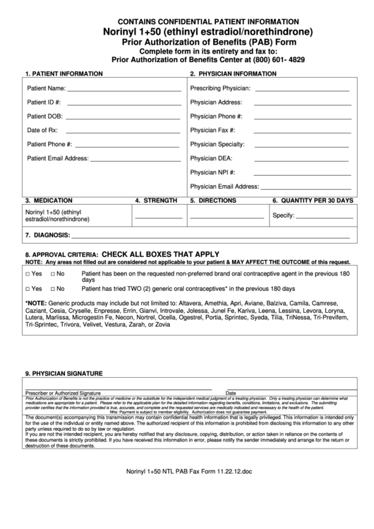 Norinyl 1+50 (Ethinyl Estradiol/norethindrone) Prior Authorization Of Benefits (Pab) Form Printable pdf