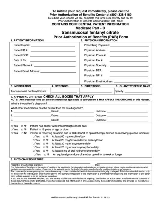 Medicare Part - D Transmucosal Fentanyl Citrate Prior Authorization Of Benefits (pab) Form