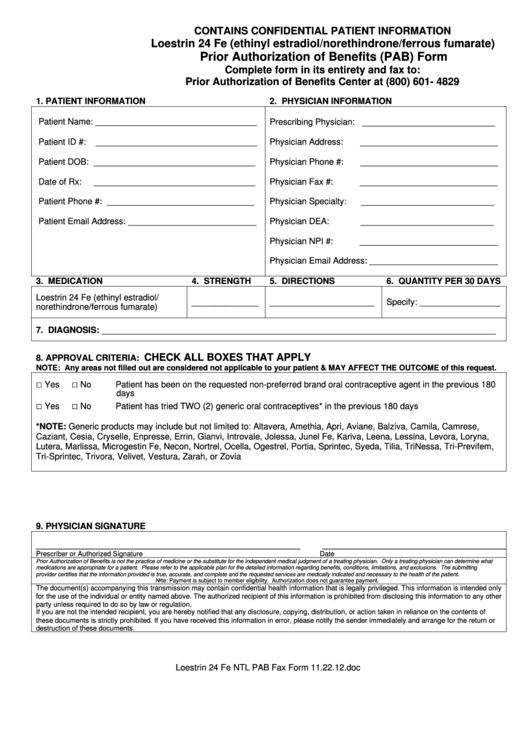 Loestrin 24 Fe (Ethinyl Estradiol/norethindrone/ferrous Fumarate) Prior Authorization Of Benefits (Pab) Form Printable pdf