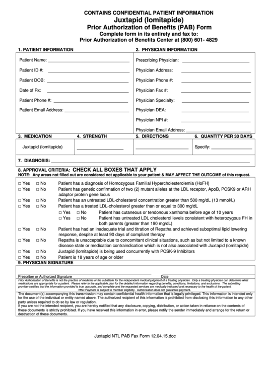 Juxtapid (Lomitapide) Prior Authorization Of Benefits (Pab) Form Printable pdf