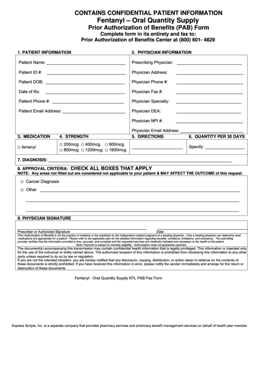 Fentanyl - Oral Quantity Supply Prior Authorization Of Benefits (Pab) Form Printable pdf