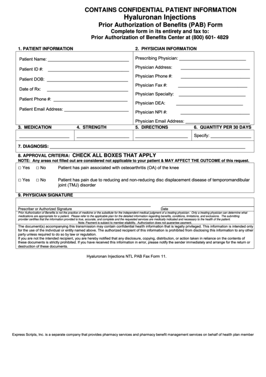 Hyaluronan Injections Prior Authorization Of Benefits (Pab) Form Printable pdf