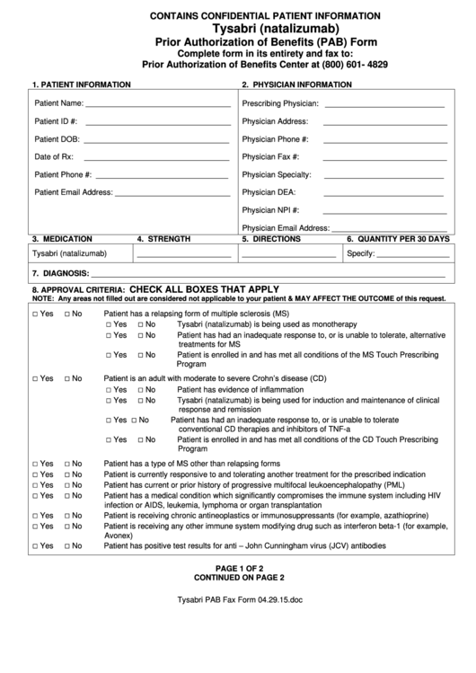 Tysabri (Natalizumab) Prior Authorization Of Benefits (Pab) Form Printable pdf