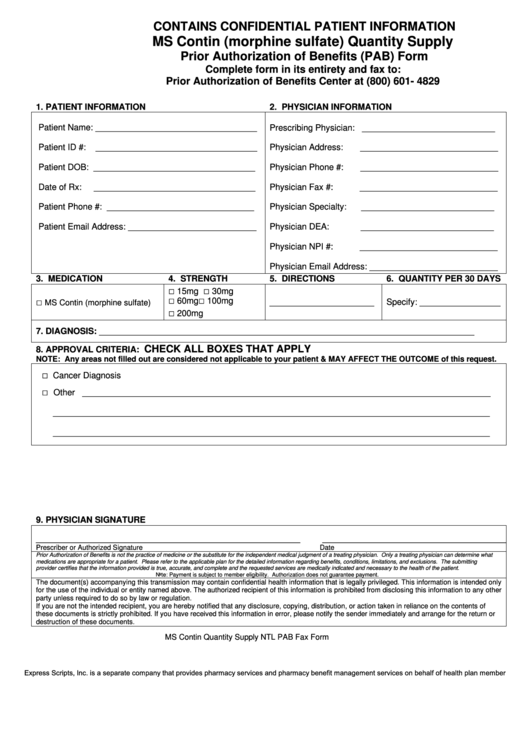 Ms Contin (Morphine Sulfate) Quantity Supply Prior Authorization Of Benefits (Pab) Form Printable pdf
