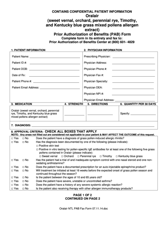Oralair Prior Authorization Of Benefits (Pab) Form Printable pdf