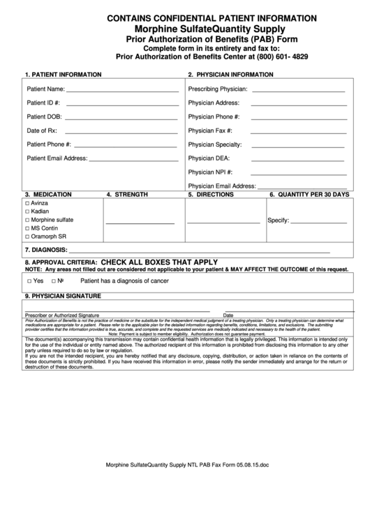 Morphine Sulfate Quantity Supply Prior Authorization Of Benefits (Pab) Form Printable pdf