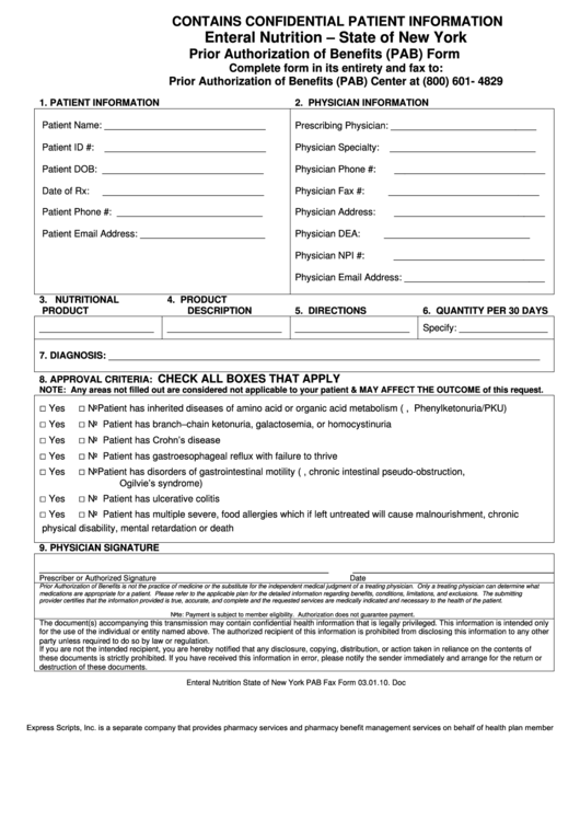 Enteral Nutrition - State Of New York Prior Authorization Of Benefits (Pab) Form Printable pdf