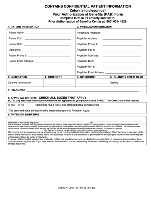 Zetonna (Ciclesonide) Prior Authorization Of Benefits (Pab) Form Printable pdf