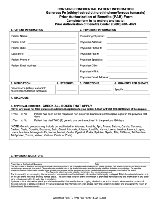 Generess Fe (Ethinyl Estradiol/norethindrone/ferrous Fumarate) Prior Authorization Of Benefits (Pab) Form Printable pdf