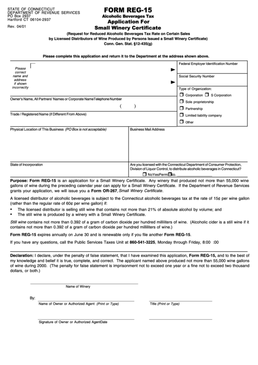 Form Reg-15 - Alcoholic Beverages Application-small Winery Certificate