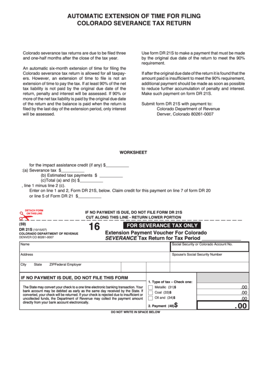 Form Dr 21s - Extension Payment Voucher For Colorado Severance Tax Return For Tax Period Printable pdf
