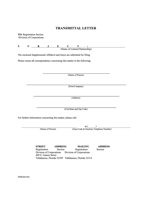 Fillable Form Inhs20 - Transmittal Letter-Supplemental Affidavit Of Capital Contributions For A Florida Limited Partnership Form - 2004 Printable pdf