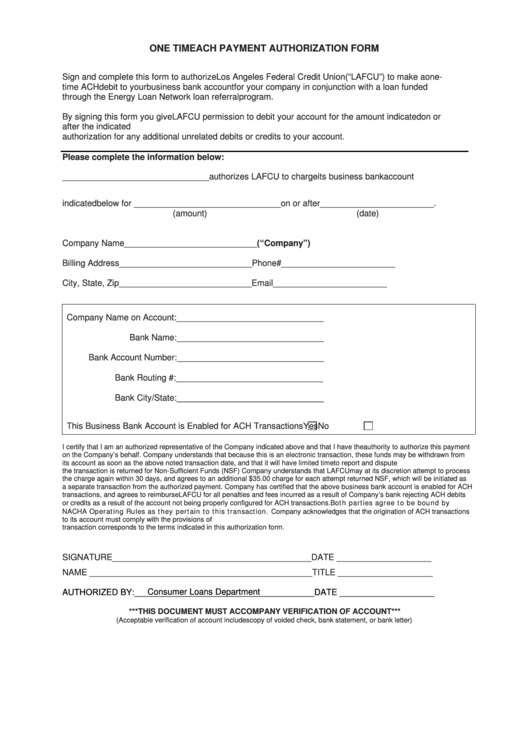 Fillable One Time Ach Payment Authorization Form Printable pdf