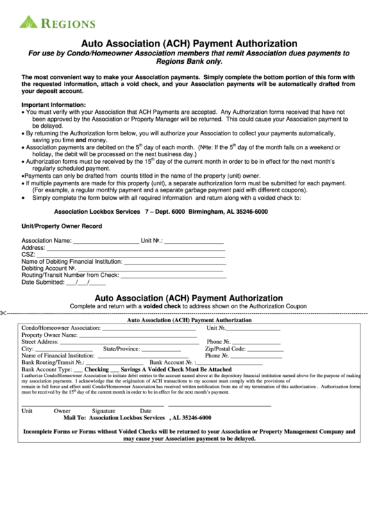 Fillable Auto Association (Ach) Payment Authorization Form Printable pdf
