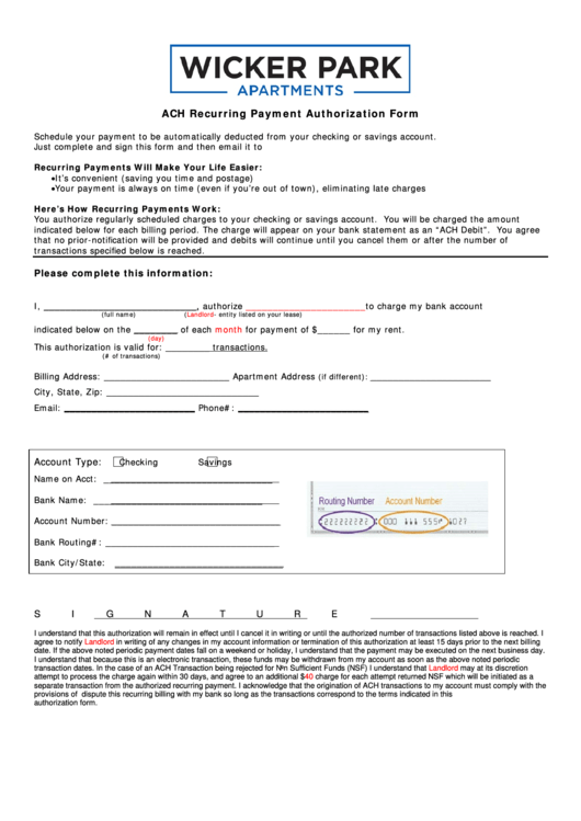 Fillable Ach Recurring Payment Authorization Form printable pdf download