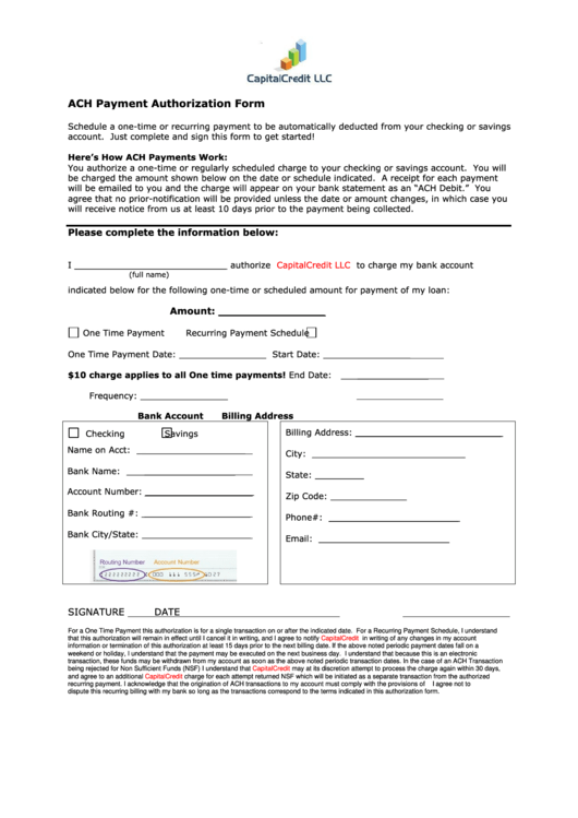 Ach Payment Authorization Form printable pdf download