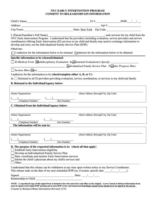 Nyc Early Intervention Program Consent To Release/obtain Information Form Printable pdf