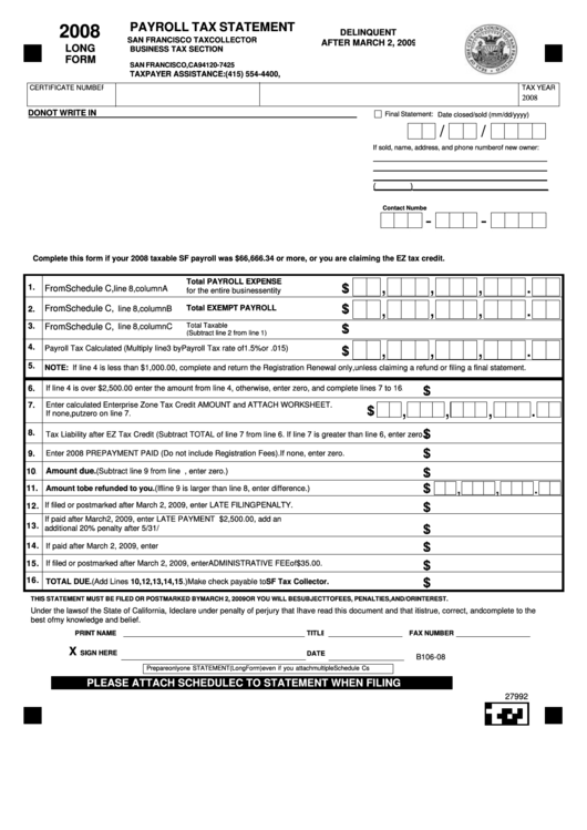 Fillable Payroll Tax Statement - Long Form - San Francisco Tax Collector - 2008 Printable pdf