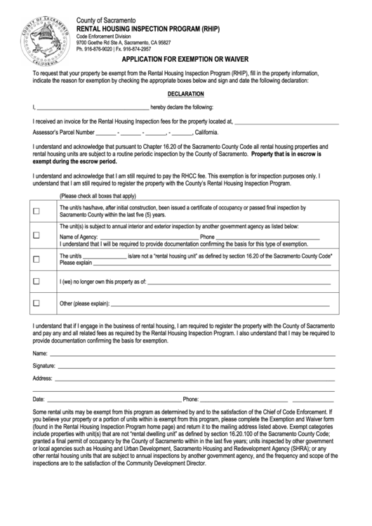 Application For Exemption Or Waiver Form Printable pdf
