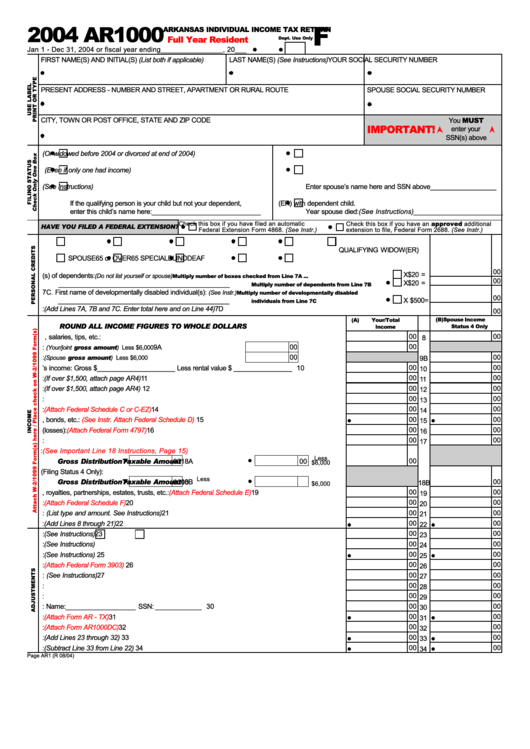 Form Ar1000 - Arkansas Individual Income Tax Return Full Year Resident - 2004 Printable pdf