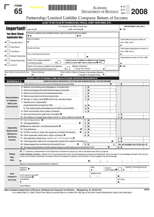 Fillable Form 65 - Partnership/limited Liability Company Return Of Income - 2008 Printable pdf